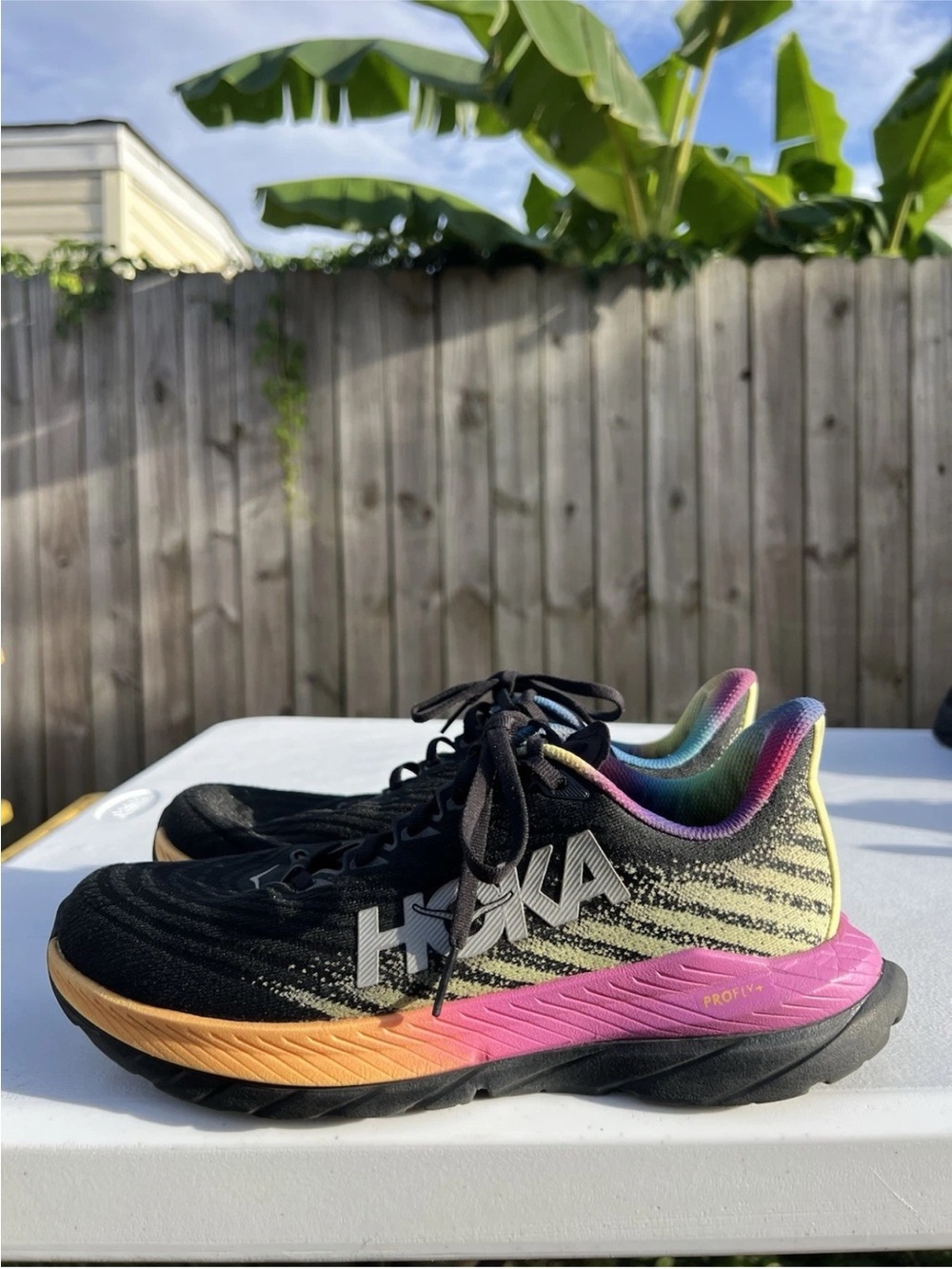 Women’s Hoka Mach 5 Black with Rainbow Gradient Athletic Running Shoes size 8
